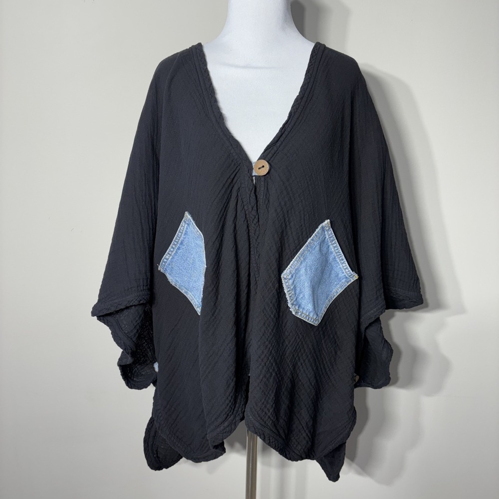 Shannon Passero Cardigan Topper One Size Black‎ Gauze Denim Lagenlook Oversized